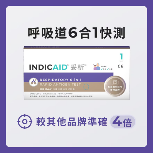 Indicaid 妥析呼吸道6合1快速抗原檢測試劑盒【新冠病毒 / 甲型及⼄型流感 / 呼吸道合胞病毒 / 呼吸道腺病毒 / 肺炎支原體】