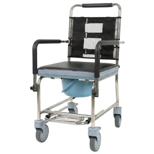 【IF 5"腳輪】Roll 304 不鏽鋼有輪沐浴便椅 (PE座板連軟墊蓋)【總闊19"】【可入14.1"闊座廁】【304不鏽鋼椅架及螺絲】